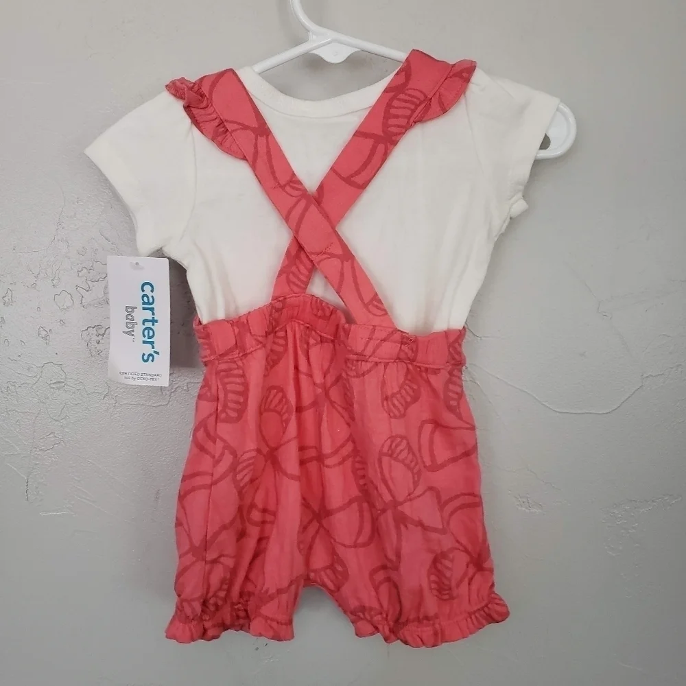 Carter's NWT Baby Girl 3 Month Outfit Pink Butterfly Overalls White Ribbed Top - Picture 3 of 5